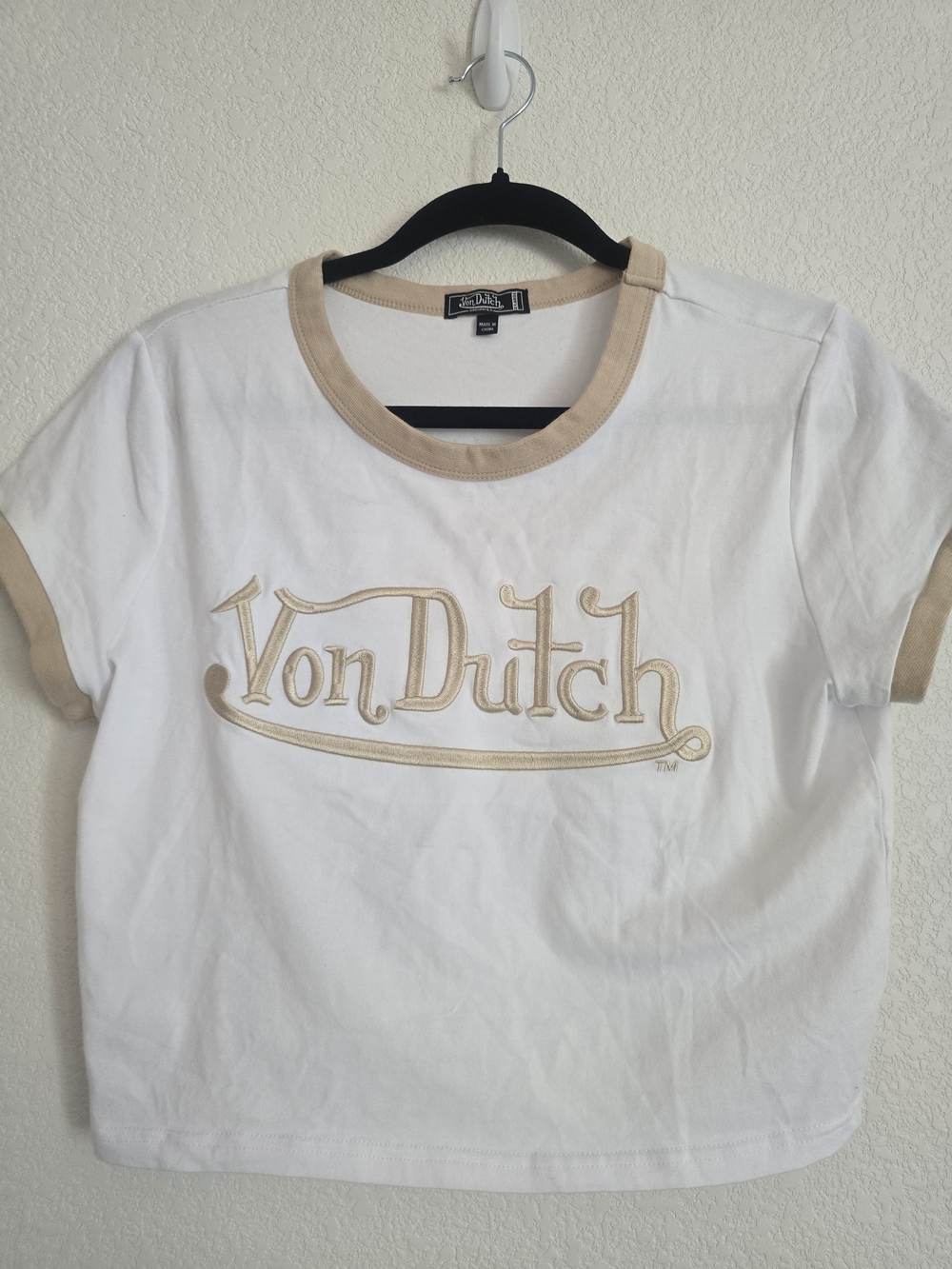Von Dutch Y2k Women's Babydoll White Tee with Tan Trim Size XL